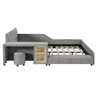 Full Size Upholstered Platform Bed with Bedside Desk and Stool, Cozy Bed Frame with Streamlined Structure, 79.5" L x 68" W x 28" H, Gray(m-7)