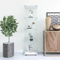 Glass Display Cabinet with Adjustable Feet and Safety Bumpers, Floor-Standing Curio Bookshelf with Tempered Glass, 16.5'' L x 14.5'' W x 64.5'' H, White(m-4)