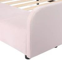 Full Size Upholstered Platform Bed with Bedside Desk and Stool, Cozy Bed Frame with Streamlined Structure, 79.5" L x 68" W x 28" H, Pink(m-11)