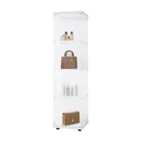 Glass Display Cabinet with Adjustable Feet and Safety Bumpers, Floor-Standing Curio Bookshelf with Tempered Glass, 16.5'' L x 14.5'' W x 64.5'' H, White(m-9)
