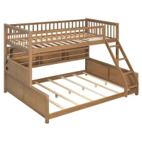 Twin XL Over Queen Bunk Bed with Built-In Storage Shelf and Safety Rope, Useful Bed Frame with Pegboard Side Panel, 83.5" L x 62.5" W x 59" H, Brown(m-10)
