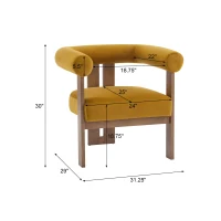 Round Arm Accent Chair with Velvet Upholstery, Curved Backrest Armchair with Solid Birch Wood Base, 31'' L x 29'' W x 30'' H, Mustard Yellow+Walnut(m-3)