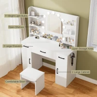 Large Makeup Vanity Desk with 6 Open Shelves and 3 Drawers, Functional Makeup Vanity with Dimmable LED Mirror, 44.5" L x 14" W x 55" H, White(m-5)