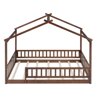 Full Size Wood House Bed with Roof and Fence, Sturdy Pinewood Bed Frame for Kids and Teens, 79.5" L x 57" W x 63" H, Walnut(m-2)