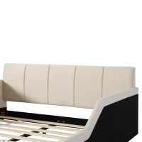 Queen-Size Upholstered Platform Bed with Bedside Desk and Stool, Cozy Bed Frame with Streamlined Structure, 84.5" L x 74" W x 28" H, Beige(m-14)