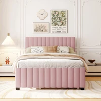 Space-Saving Full Size Upholstered Platform Bed with Twin-Size Trundle, Solid Bed Frame with 10 Reinforced Slats, 80" L x 58" W x 46" H, Pink(m-4)