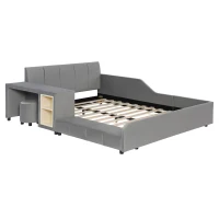 Full Size Upholstered Platform Bed with Bedside Desk and Stool, Cozy Bed Frame with Streamlined Structure, 79.5" L x 68" W x 28" H, Gray(m-5)