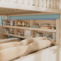 Full XL Over Queen Bunk Bed with Built-In Storage Shelf and Safety Rope, Useful Bed Frame with Pegboard Side Panel, 83.5" L x 62.5" W x 59" H, Beige(m-9)