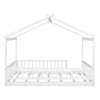 Full Size Wood House Bed with Roof and Fence, Sturdy Pinewood Bed Frame for Kids and Teens, 79.5" L x 57" W x 63" H, White(m-7)