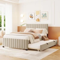 Space-Saving Full Size Upholstered Platform Bed with Twin-Size Trundle, Solid Bed Frame with 10 Reinforced Slats, 80" L x 58" W x 46" H, Beige(m-1)