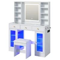 Aesthetic Makeup Vanity Desk with LED Mirror and Adjustable RGB Lights, Spacious Makeup Vanity with 6 Drawers, 44.5" L x 15.5" W x 55" H, White(m-11)