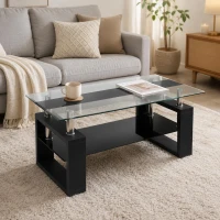 Modern Glass Coffee Table with Wood-Grain MDF Legs, Minimalist Center Table with 2-Tier Storage, 34.5'' L x 18.5'' W x 17.5'' H, Black(m-7)