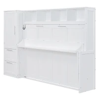Space-Saving Full Size Murphy Wall Bed with Integrated Shelf, Customizable Bed Frame with Closet and 2 Drawers, 107.5" L x 58" W x 72" H, White(m-7)