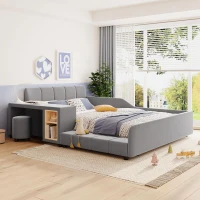 Full Size Upholstered Platform Bed with Bedside Desk and Stool, Cozy Bed Frame with Streamlined Structure, 79.5" L x 68" W x 28" H, Gray(m-1)