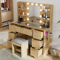 Spacious Makeup Vanity Desk with 3 Shelves and 7 Drawers, Functional Makeup Vanity with LED Mirror, 47" L x 15.5" W x 53.5" H, Natural Wood(m-10)