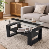 Modern Glass Coffee Table with Wood-Grain MDF Legs, Minimalist Center Table with 2-Tier Storage, 34.5'' L x 18.5'' W x 17.5'' H, Black(m-1)