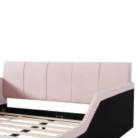 Queen-Size Upholstered Platform Bed with Bedside Desk and Stool, Cozy Bed Frame with Streamlined Structure, 84.5" L x 74" W x 28" H, Pink(m-14)