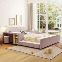 Full Size Upholstered Platform Bed with Bedside Desk and Stool, Cozy Bed Frame with Streamlined Structure, 79.5" L x 68" W x 28" H, Pink(m-4)