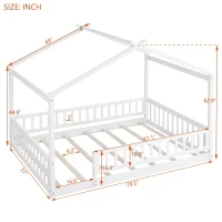 Full Size Wood House Bed with Roof and Fence, Sturdy Pinewood Bed Frame for Kids and Teens, 79.5" L x 57" W x 63" H, White(m-3)