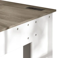 HOMCOM L Shaped Computer Desk with Power Outlets & USB Charging, Corner Desk with 6 Drawers, Hanging Bar, Brown and White(m-9)
