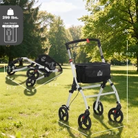 HOMCOM Upright Walker Rollator, Rolling Walker with Storage Bag, Tray, Dual Brakes, Adjustable Height, for Seniors, White(m-3)