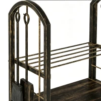 Outsunny 2-Tier Outdoor Firewood Rack with 4 Fireplace Tools, 220 lbs Capacity Metal Log Holder for Fireplace, Coffee Brown(m-10)