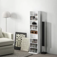 HOMCOM Media Storage Cabinet, 9-Tier Tall Narrow DVD Shelf with 6 Adjustable Shelves, White(m-1)
