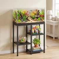 PawHut 25 Gallon Fish Tank Stand, Metal Aquarium Stand with 3 Tier Storage Shelf, Adjustable Feet for Home Office, Black(m-8)