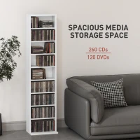 HOMCOM Media Storage Cabinet, 9-Tier Tall Narrow DVD Shelf with 6 Adjustable Shelves, White(m-4)