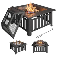 Outsunny 26" Outdoor Fire Pit with Fire Poker, Steel Square Wood Burning Firepit with Mesh Lid, Firepits, Black(m-9)