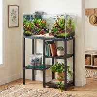PawHut 25 Gallon Fish Tank Stand, Metal Aquarium Stand with 3 Tier Storage Shelf, Adjustable Feet for Home Office, Black(m-1)