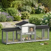 PawHut 90.5" Wooden Rabbit Hutch Bunny Cage Pet Playpen House Enclosure with Double Side Run Boxes, No Leak Tray, Ramp, for Rabbits, Chickens, Ducks, Guinea Pig and Small Animals, Light Gray(m-11)