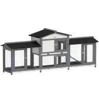 PawHut 90.5" Wooden Rabbit Hutch Bunny Cage Pet Playpen House Enclosure with Double Side Run Boxes, No Leak Tray, Ramp, for Rabbits, Chickens, Ducks, Guinea Pig and Small Animals, Light Gray(m-12)