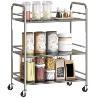 HOMCOM 3 Tier Stainless Steel Rolling Cart with Adjustable Shelf, Utility Cart on Wheels with Handles for Kitchen, Silver(m-9)