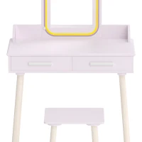 Qaba Kids Dressing Table, Girls Vanity Set with Stool, 3-Colour LED Lights Mirror, Large Drawer for Ages 3-8, Pink(m-12)