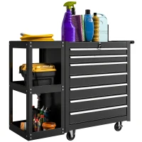 HOMCOM 7-Drawer Rolling Tool Chest with Detachable Side Shelf, Lockable Tool Cabinet Box Organizer with Wheels, Black(m-9)