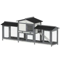 PawHut 90.5" Wooden Rabbit Hutch Bunny Cage Pet Playpen House Enclosure with Double Side Run Boxes, No Leak Tray, Ramp, for Rabbits, Chickens, Ducks, Guinea Pig and Small Animals, Light Gray(m-1)