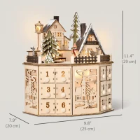 HOMCOM Wooden Christmas Advent Calendar, Lighted 24 Days Countdown to Christmas Table Decoration with Drawers for Kids and Adults, Battery Operated, Natural(m-3)
