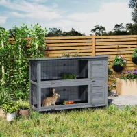 PawHut 54" 2-Story Large Rabbit Hutch Bunny Cage Wooden Pet House Small Animal Habitat Lockable Doors, Tray, Roof, Gray(m-10)