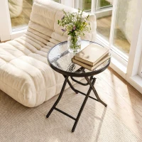 Outsunny Φ18" Round Patio Table, Folding Coffee Table with Tempered Glass Tabletop for Patio, Balcony, Backyard(m-9)