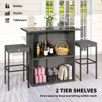 Outsunny 5 Piece Rattan Wicker Bar Set, High Top Outdoor Table and Chairs, Bar Height Patio Set, 2 Shelves & 4 Bar Stools, Gray(m-4)