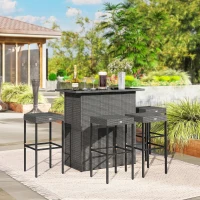 Outsunny 5 Piece Rattan Wicker Bar Set, High Top Outdoor Table and Chairs, Bar Height Patio Set, 2 Shelves & 4 Bar Stools, Gray(m-2)
