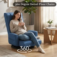 14-Angle Swivel Floor Chair with Foldable Design and Breatherable Faux Leather, Ideal Sofa Bed for Ovrnight Guests, 29"L x 19.5"W x 30.5"H, Blue(m-10)