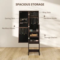 HOMCOM Free Standing Armoire Organizer, Lighted Mirrored Jewelry Cabinet w/ Angle Adjustable & 16 LED Lights, Dark Brown(m-4)