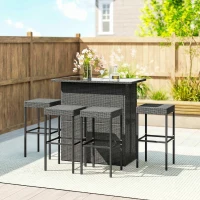 Outsunny 5 Piece Rattan Wicker Bar Set, High Top Outdoor Table and Chairs, Bar Height Patio Set, 2 Shelves & 4 Bar Stools, Gray(m-9)