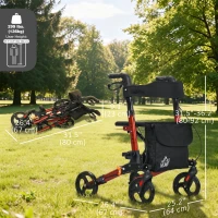 HOMCOM Rollator for Seniors with Seat, Back, Cane Holder, Aluminium Folding Rolling Walker with Adjustable Handle, Bag, Red(m-3)