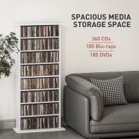 HOMCOM 8-Tier DVD Shelf with 6 Adjustable Shelves, Slim CD Shelf, Holds 360 CDs, 185 DVDs or 185 Blu-rays, White(m-4)