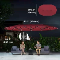 Outsunny 173.2" Double-Sided Sun Umbrella Garden Parasol Patio Sun Shade Outdoor with LED Solar Light, No Base Included, Wine Red(m-3)