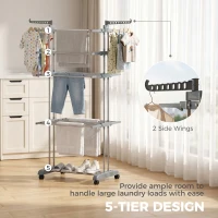 HOMCOM 5-Tier Clothes Drying Rack, Foldable Laundry Drying Rack with Wheels, Side Wings, Grey(m-4)