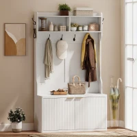 HOMCOM 4-In-1 Hall Tree with Shoe Bench, Modern Coat Rack with Open Shelf for Hallway, Entryway, Bedroom, Living Room, White(m-1)